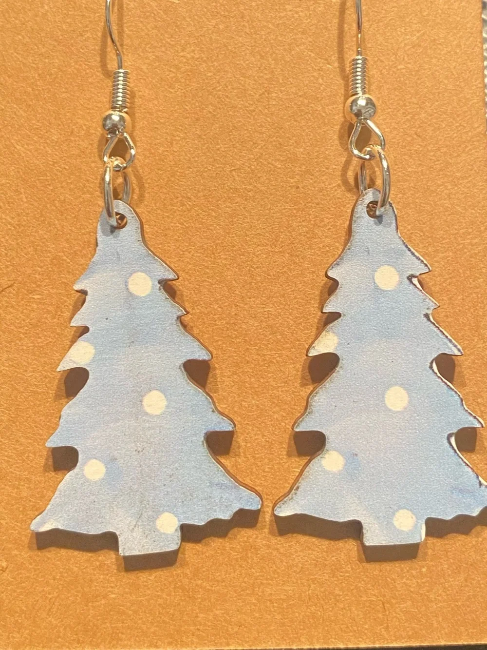 *Buy Now* Blue Polka Dot Christmas Tree Wooden Earrings
